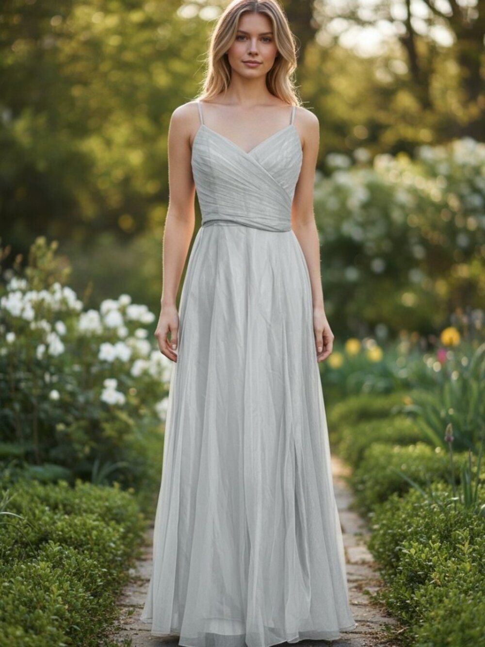 Wtoo Watters Bridesmaid Dress Size 6 Dusty Blue Tulle Maxi Formal Prom Wedding